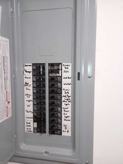 Professional electrical panel replacement with labels.